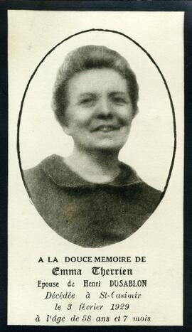 Avis de décès de Emma Therrien, épouse de Henri Dusablon, le 3 février 1929 à l’âge de 58 ans et 7 mois.