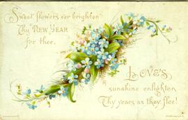 Carte de souhaits, couleur, fleurs bleues, sweet flowers e’er brighten thy new year for thee, Loves sunshine enlighten, thy year as they flee!, «À Jane – Bonne année! »