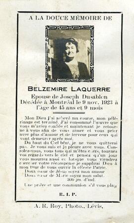Avis de décès de Berzemire Laquerre, épouse de Joseph Dusablon, 9 novembre 1923 à l’âge de 45 ans et 9 mois.