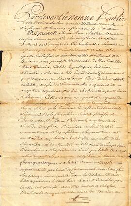 Contrat de vente d’une terre située dans la troisième concession de la seigneurie de Lachevrotière, paroisse de Deschambault, par Rose Mathieu (veuve d’Augustin de Lachevrotière) à Joseph Pagé, signé le 15 janvier 1798, par le notaire de Lachevrotière. Partie 1.