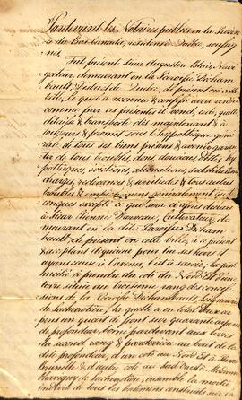 Contrat de vente d’une terre située dans la paroisse de Deschambault, par Augustin Blais à Étienne Darveau, signé le 1er juillet 1821, par le notaire Bigrés. Partie 1.