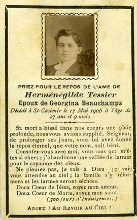 Avis de décès de Herménégilde Tessier, époux de Georgina Beauchamps, décédé à Saint-Casimir le 17 mai 1906 à l’âge de 27 ans et 9 mois.