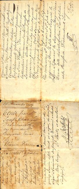 Contrat de vente d’une terre par Joseph Chavigny de Lachevrotière, au nom de M. Benjamin Laurier, à Étienne Darveau, signé le 13 novembre 1809, par le notaire Berthelot. (incomplet).Partie 1.
