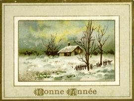 Carte de souhaits, couleur, maison à travers la neige, Bonne année.