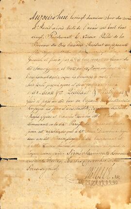 Contrat de vente par Nicolas Perrault à François Gausselin, signé le 22 avril 1820. Louis Pagé habitant (succession Joseph Pagé). Partie 1.