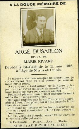Avis de décès de Argé Dusablon, époux de Marie Rivard, le 11 mai 1916 à l’âge de 56 ans et 1 mois.