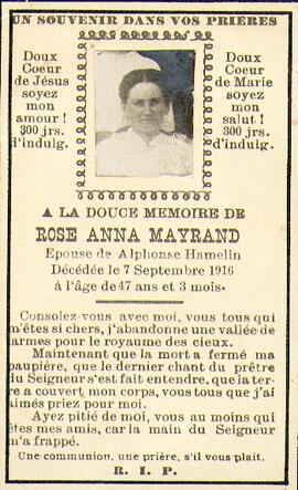 Carte mortuaire de Rose Anna Mayrand