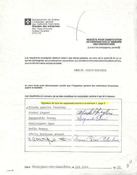 Document comprenant la requête auprès du gouvernement provincial pour l'organisme sans but lucratif du ¨Club Porte Bonheur¨qui oeuvre auprès des personnes agées.Le siège social est à St-Marc-des-Carrières.