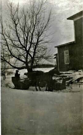 Traineau avec chevaux à côté de la maison
