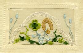 Carte de souhaits, couleur, broderies, «This one to my sister, mrs Albert Label to let her know that … not for gotten her a the little one and also Albert with my best regard, from your brother», Ottawa.