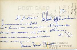 Carte à monsieur et dame Alfred Siane de Roland Paquette en vacances  - texte - image d’un chalet au Lac Sept-iles