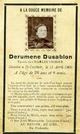 Avis de décès de Dérumene Dusablon, épouse de Charles Tessier, le 15 avril 1906 à l’âge de 26 ans et 8 mois (2).
