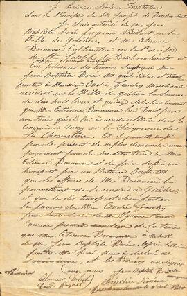 Arrangement par écrit entre Jean-Baptiste Doré et Frédéric Siméon, devant les témoins Olivier Delisle et David Paquet, Deschambault, 8 août 1825.