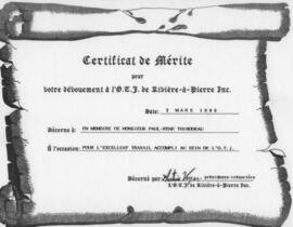 Certificat de mérite décerné à Paul-René Thibodeau pour son dévouement auprès de l’O.T.J.