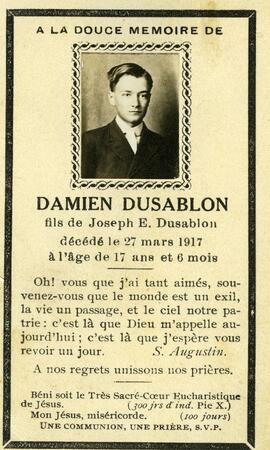 Avis de décès de Damien Dusablon, fils de Joseph E. Dusablon, décédé le 27 mars 1917 à l’âge de 17 ans et 6 mois.