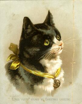 Carte de souhaits, couleur, chat noir et blanc avec un collier jaune, This pussy bring my christmas greeting, «À … avec un bon bec de cousine, Juliette».