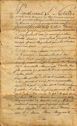 Contrat de mariage entre Étienne Darveau et Marie-Louise Chartré et donation par Sieur et Dame Pierre Chartré à la future épouse, signé le 8 février 1812, par le notaire de Lachevrotière. Partie 2.