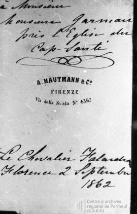 Écrit, Le chevalier Antoine Sébastien Falardeau Florence 2 septembre 1862