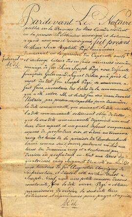 Contrat de vente d’une terre située au troisième rang de la paroisse de Deschambault par Jean-Baptiste Pagé (oncle et tuteur des enfants de feu Joseph Pagé et défunte Françoise Garlernau) à Nicolas Perrault, signé le 5 janvier 1812, par le notaire de Lachevrotière.
