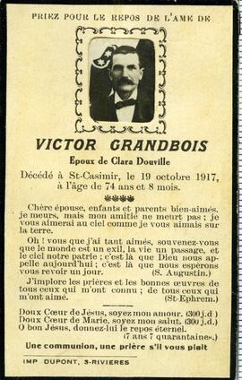 Avis de décès de Victor Grandbois, époux de Clara Douville, le 19 octobre 1917 à l’âge de 74 ans et 8 mois.