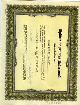 Diplôme de progrès Underwood à Henriette Hardy du Couvent de la Providence avec une moyenne de 40 mots à la minute