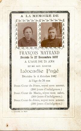 Carte mortuaire de François Mayrand et de Léocadie Pagé