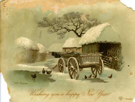 Carte de souhaits, couleur, charrette dans un village enneigé, Wishing you a happy new year.