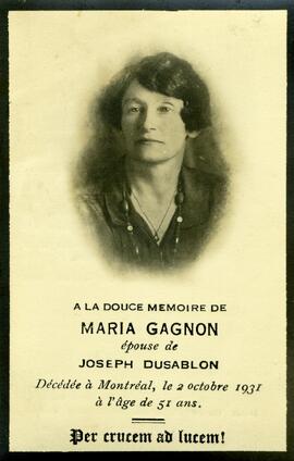 Avis de décès de Maria Gagnon, épouse de Joseph Dusablon, 2 octobre 1931 à l’âge de 51 ans.