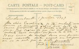 Deschambault\Carte postale (verso de la vue de l'église) - voeux de Louis à Caroline : « le paradis à la fin de tes jours »