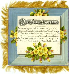 Carte de souhaits, couleur, avec franges de soie, bleue, fleurs roses et jaunes, New year souvenir, Greating for the season.