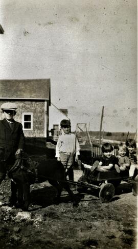 Enfants Vohl avec une petite charette tirée par un chien