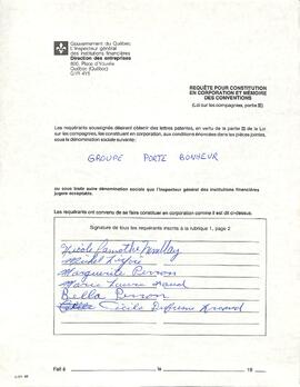Document comprenant la requête auprès du gouvernement provincial pour l'organisme sans but lucratif du ¨Club Porte Bonheur¨qui oeuvre auprès des personnes agées.Le siège social est à St-Marc-des-Carrières.