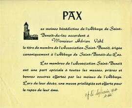 Reconnaissance d'Adrien Vohl comme membre de l'Association de l'Abbaye de Saint-Benoit-du-Lac
