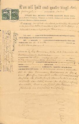 Contrat (quittance) entre M. Alexandre Naud (créancier) et M. Lin Darveau (débiteur), signé le 15 juillet 1883, par le notaire Antoine-Olivier Mayrand, à Deschambault.