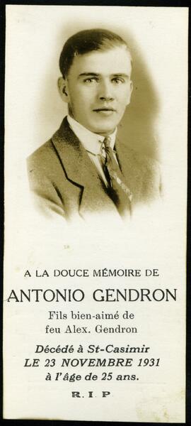 Avis de décès de Antonio Gendron, fils de Alex Gendron, le 23 novembre 1931 à l’âge de 25 ans (2).