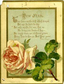 Carte de souhaits, couleur, rose, New year, time has a sey the with which to mow, but may be have to-day not only scythe, but sun, that so he bring you loads of hay - not empty wain, nor withered grass, bring time to thee as new year pass!, «À ma chère Marie, avec les bons souhaits de Blanche L.»
