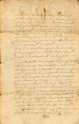 Contrat (échanges et permutations de terres et héritages), entre Bazile Chavigny de Lachevrotière et son fils Paul Chavigny de Lachevrotière. (incomplet)