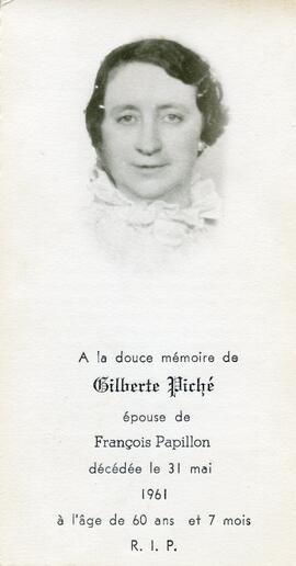 Carte mortuaire de Gilberte Piché