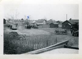 Photographie de Saskatchewan avec annotation:  vue de quelques voitures qui attendent pour vendre leurs grains