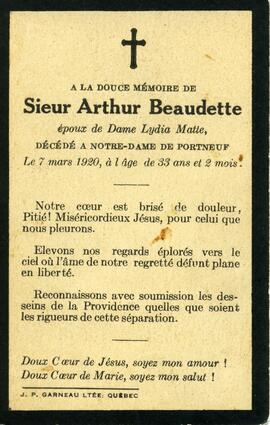 Carte mortuaire sans photographie d’Arthur Beaudette
