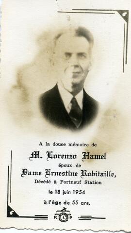 Carte mortuaire de Lorenzo Hamel