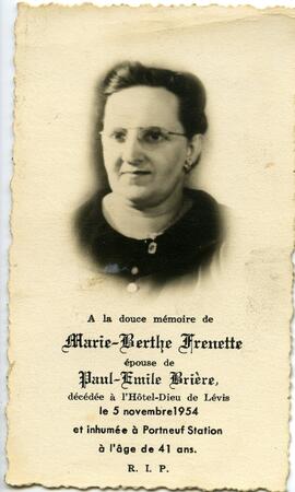 Carte mortuaire de Marie-Berthe Frenette