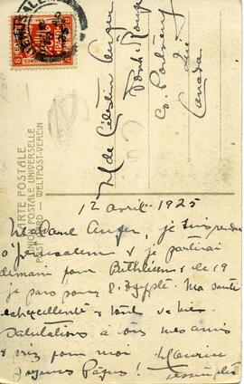 L’endos de la carte postale avec une photographie de Jérusalem